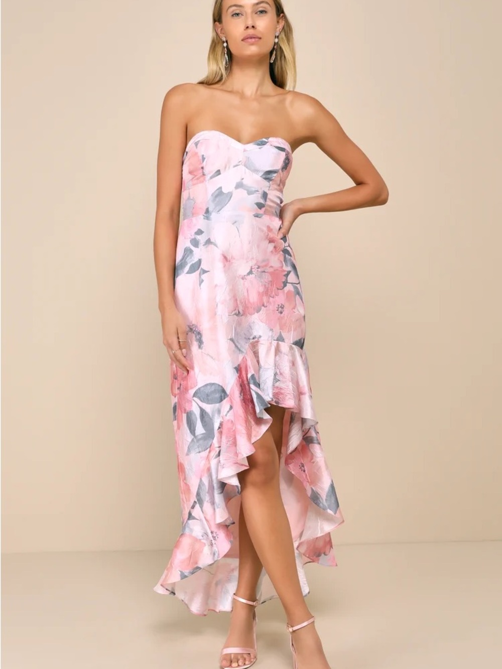 Lulu's Pink Floral Strapless High-Low Dress